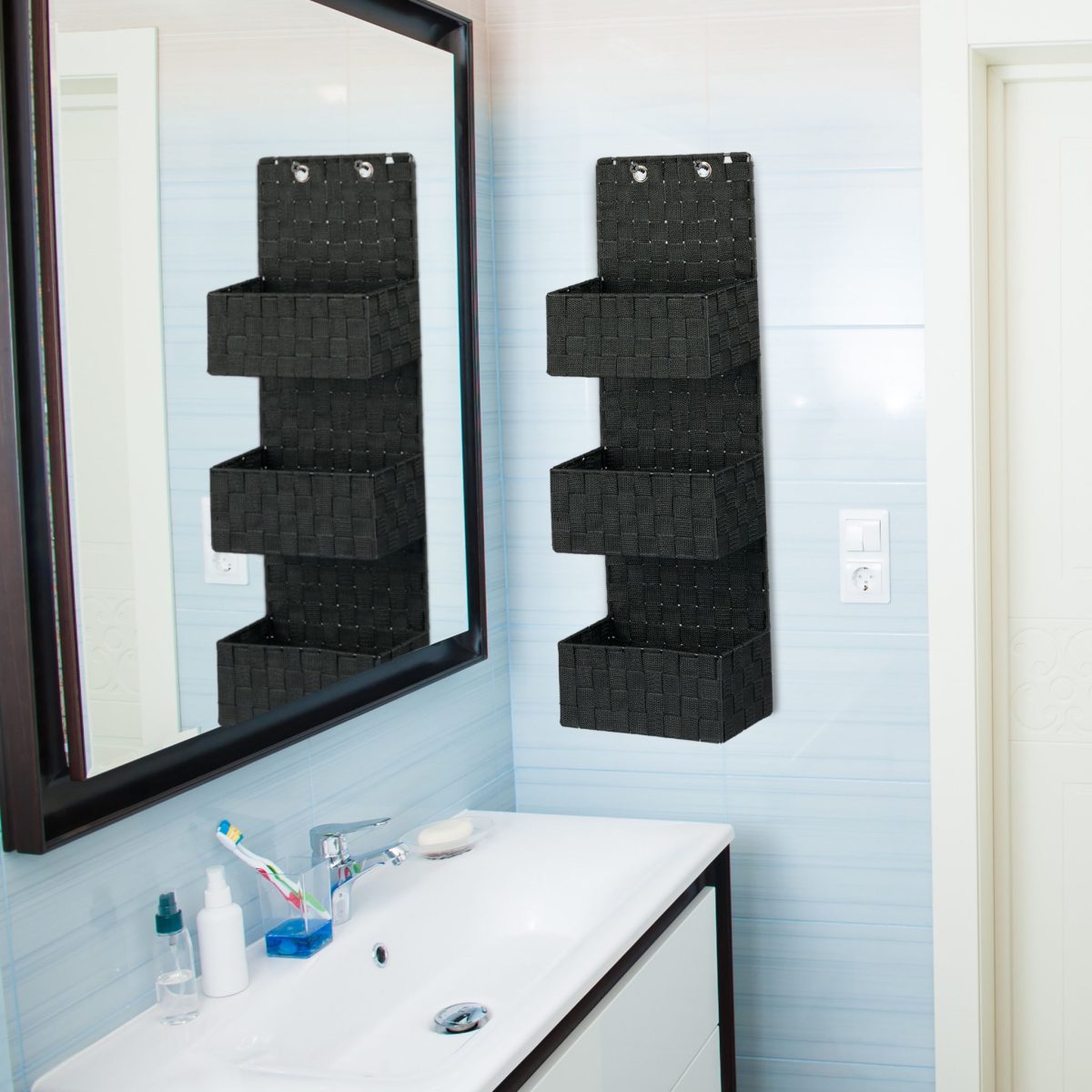 Organizator triplu pentru baie, cadrul metalic, negru, 75 x 25 x 15 cm - imagine 4