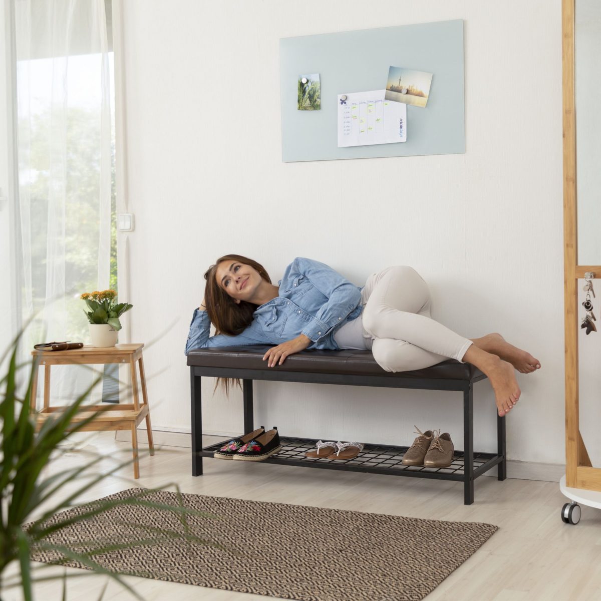 Banca cu rafturi pentru pantofi, Relaxdays, dimensiuni 49 x 115 x 40 cm, maro/negru, capacitate 4 perechi pantofi - imagine 3