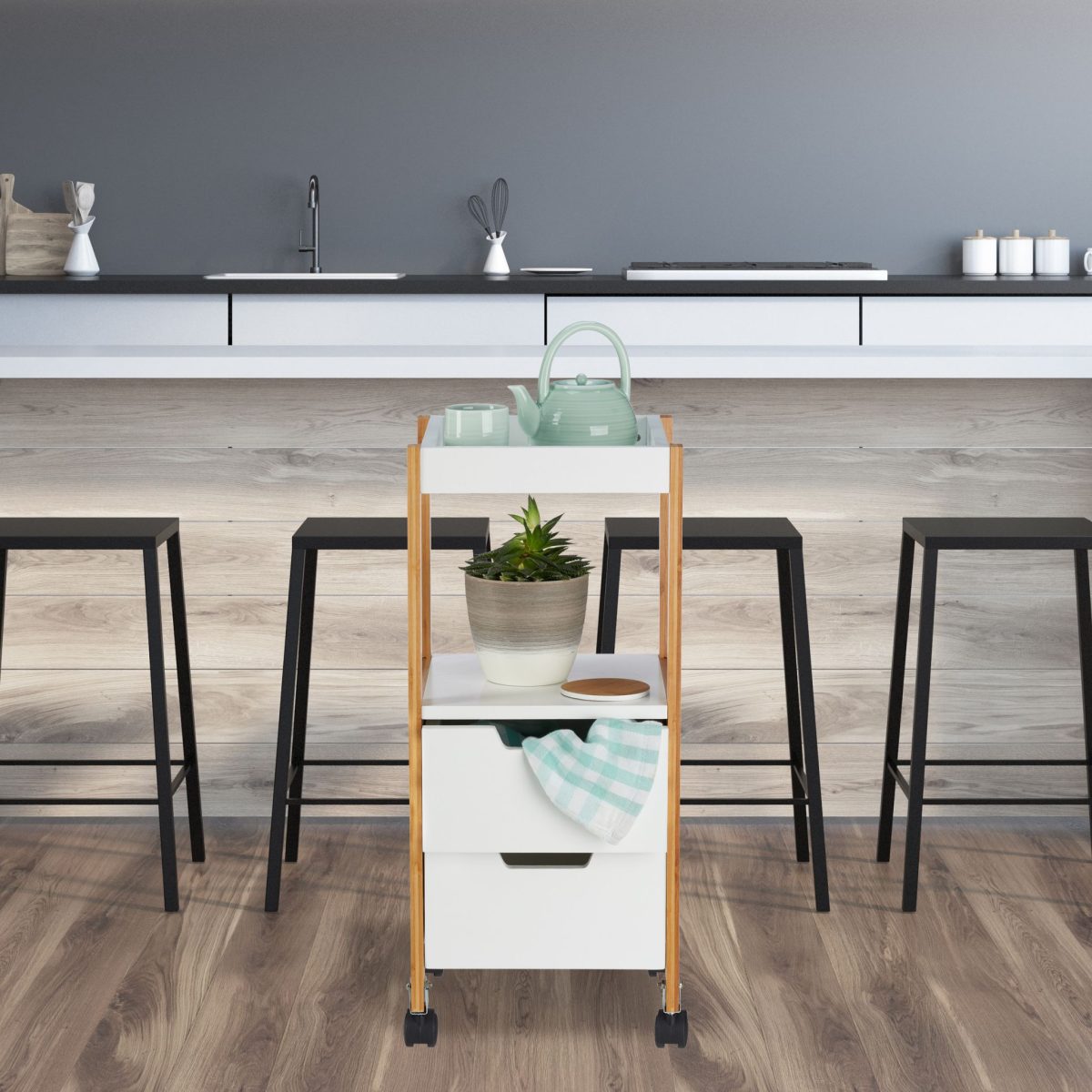 Carucior servire Relaxdays, cu 2 sertare si 2 rafturi, din bambus, 69 x 30 x 30 cm - imagine 2
