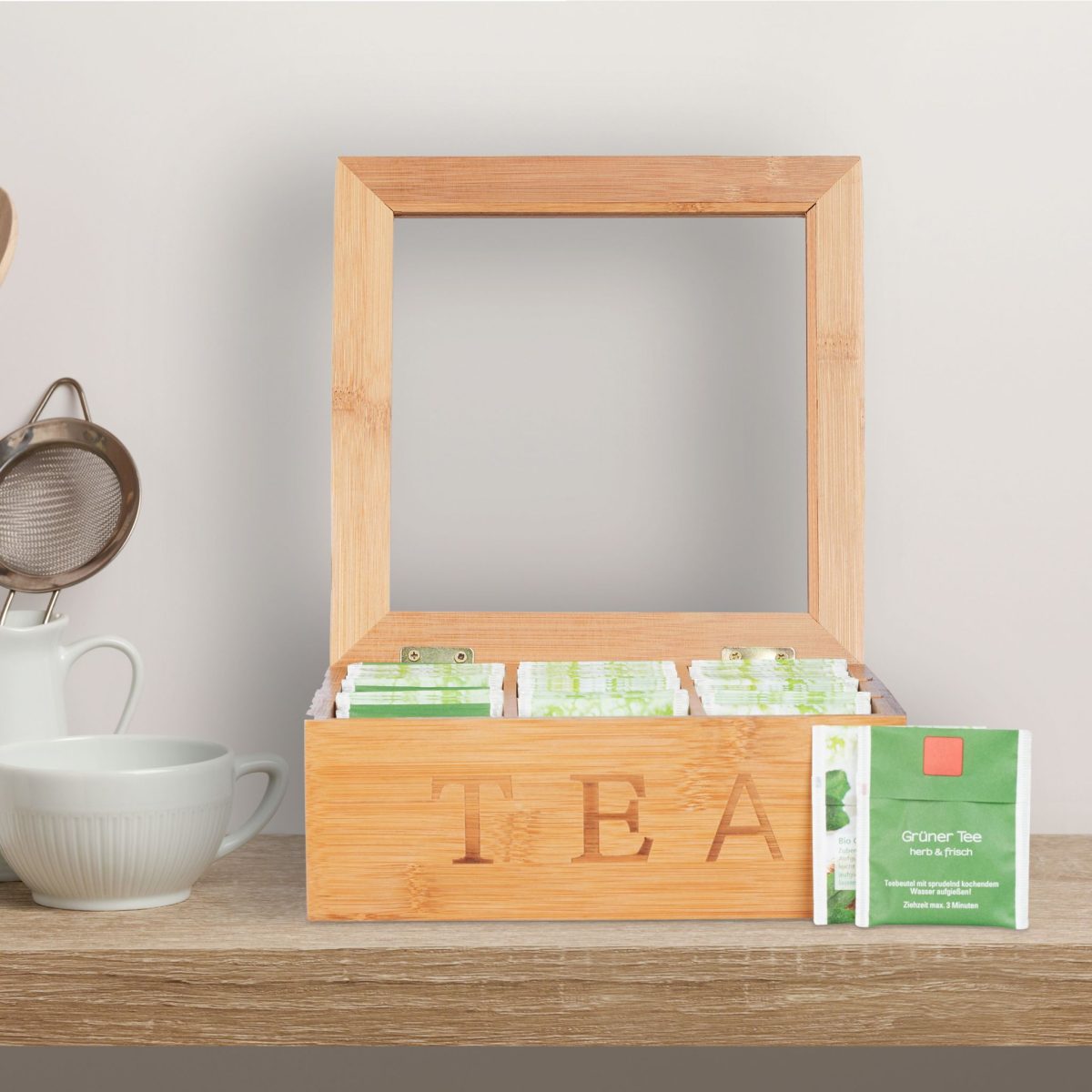 Cutie depozitare ceai cu 9 compartimente, Relaxdays, cu capac, 8.5 x 22 x 22 cm - imagine 2