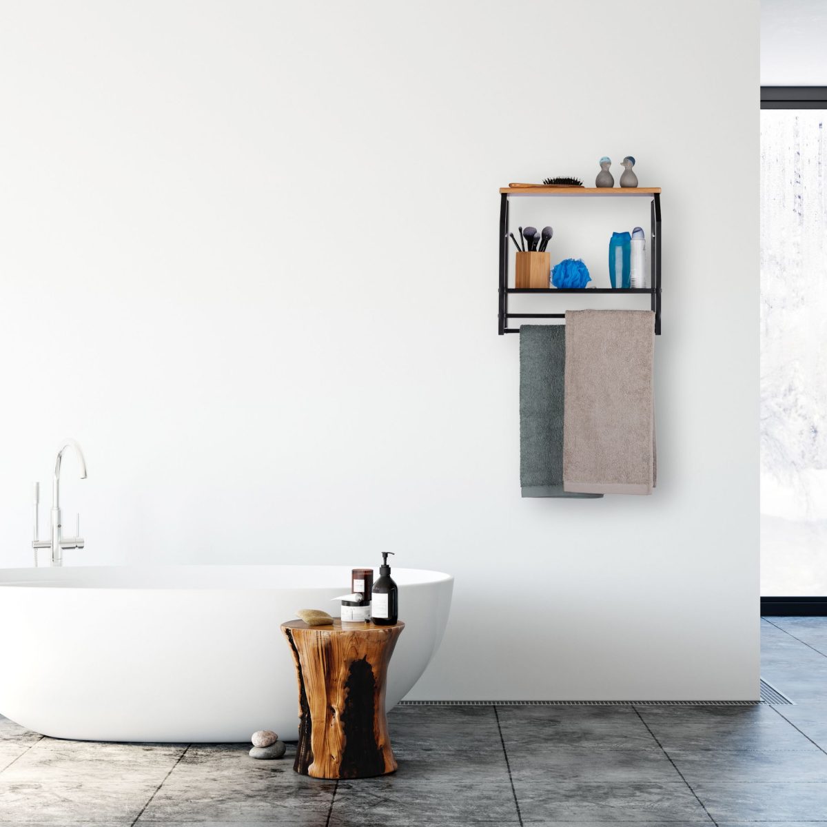 Raft de perete industrial, cu 2 suporturi pentru prosoape si 2 polite pentru depozitare, negru, 41.5 x 45.5 x 23 cm, Relaxdays - imagine 2
