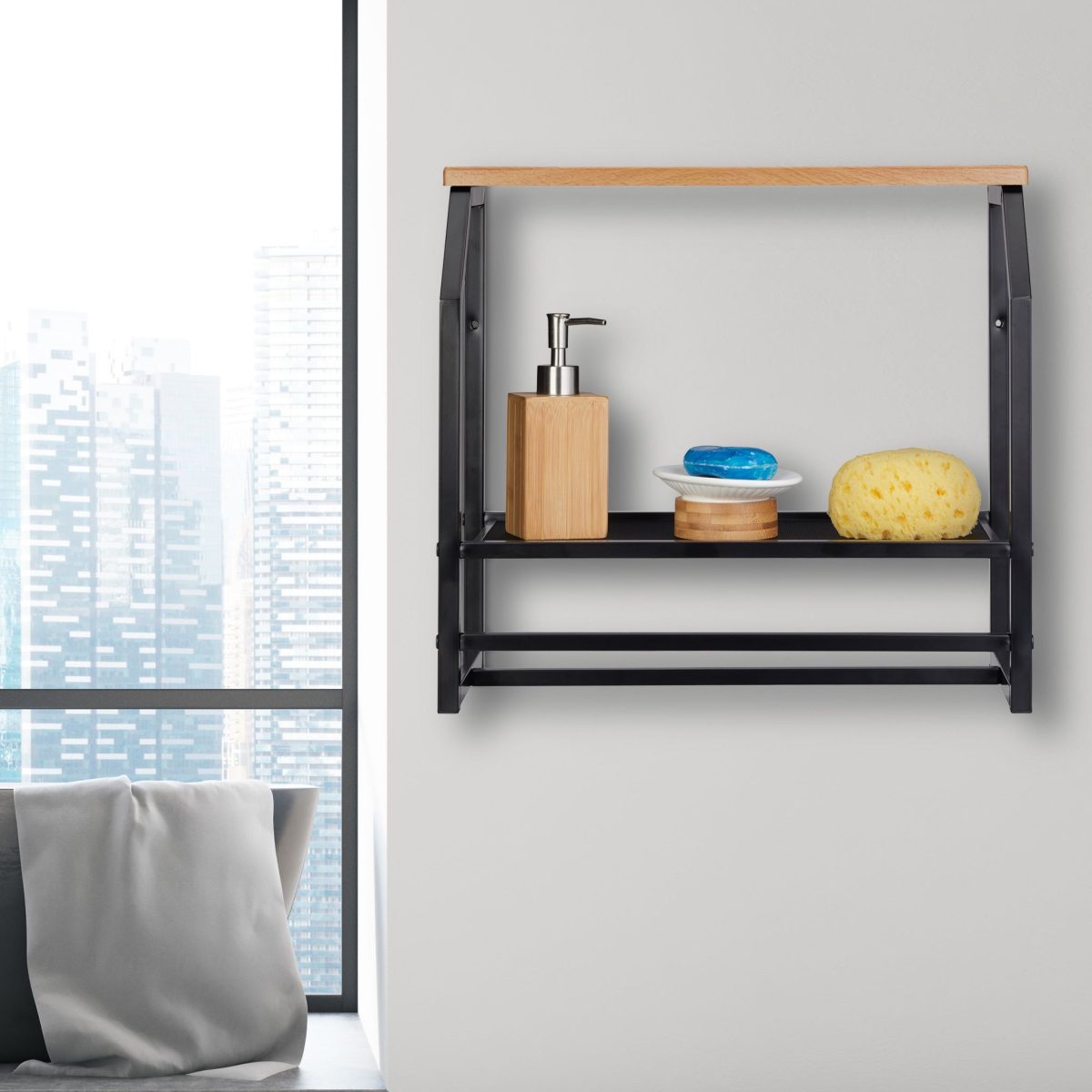 Raft de perete industrial, cu 2 suporturi pentru prosoape si 2 polite pentru depozitare, negru, 41.5 x 45.5 x 23 cm, Relaxdays - imagine 3