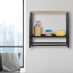 Raft de perete industrial, cu 2 suporturi pentru prosoape si 2 polite pentru depozitare, negru, 41.5 x 45.5 x 23 cm, Relaxdays - imagine 3