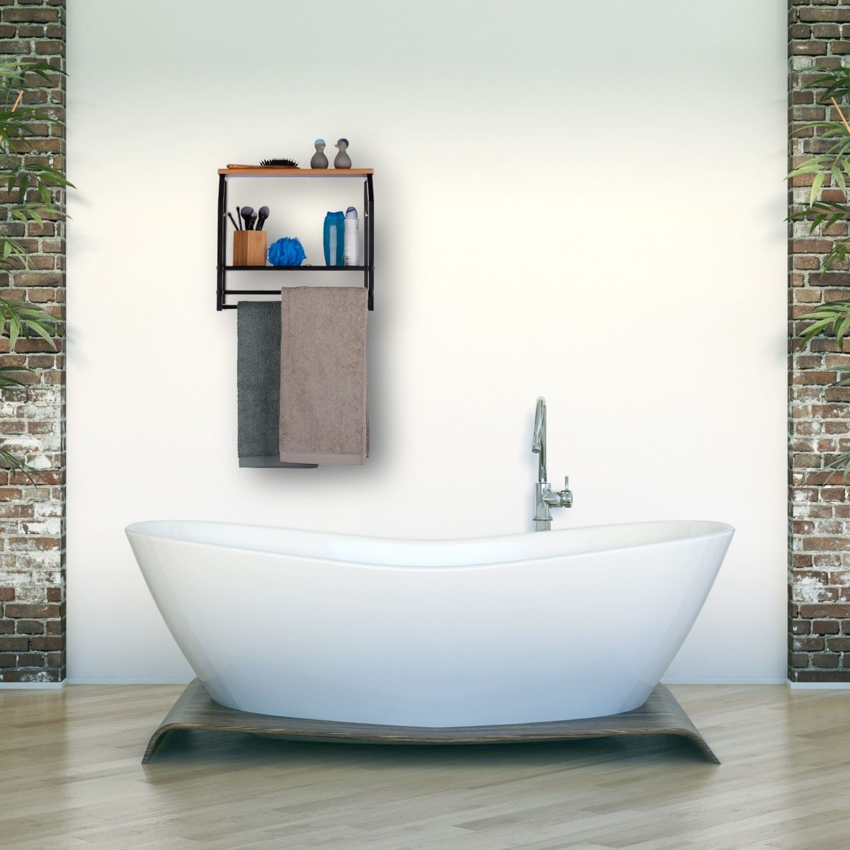 Raft de perete industrial, cu 2 suporturi pentru prosoape si 2 polite pentru depozitare, negru, 41.5 x 45.5 x 23 cm, Relaxdays - imagine 5