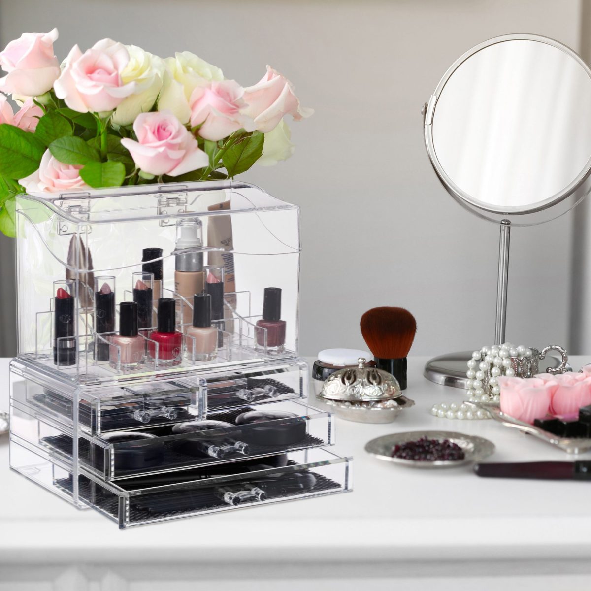 Organzator/cutie depozitare pentru produse cosmetice, cu 4 sertare si capac, 18 compartimente, negru/transparent - imagine 2