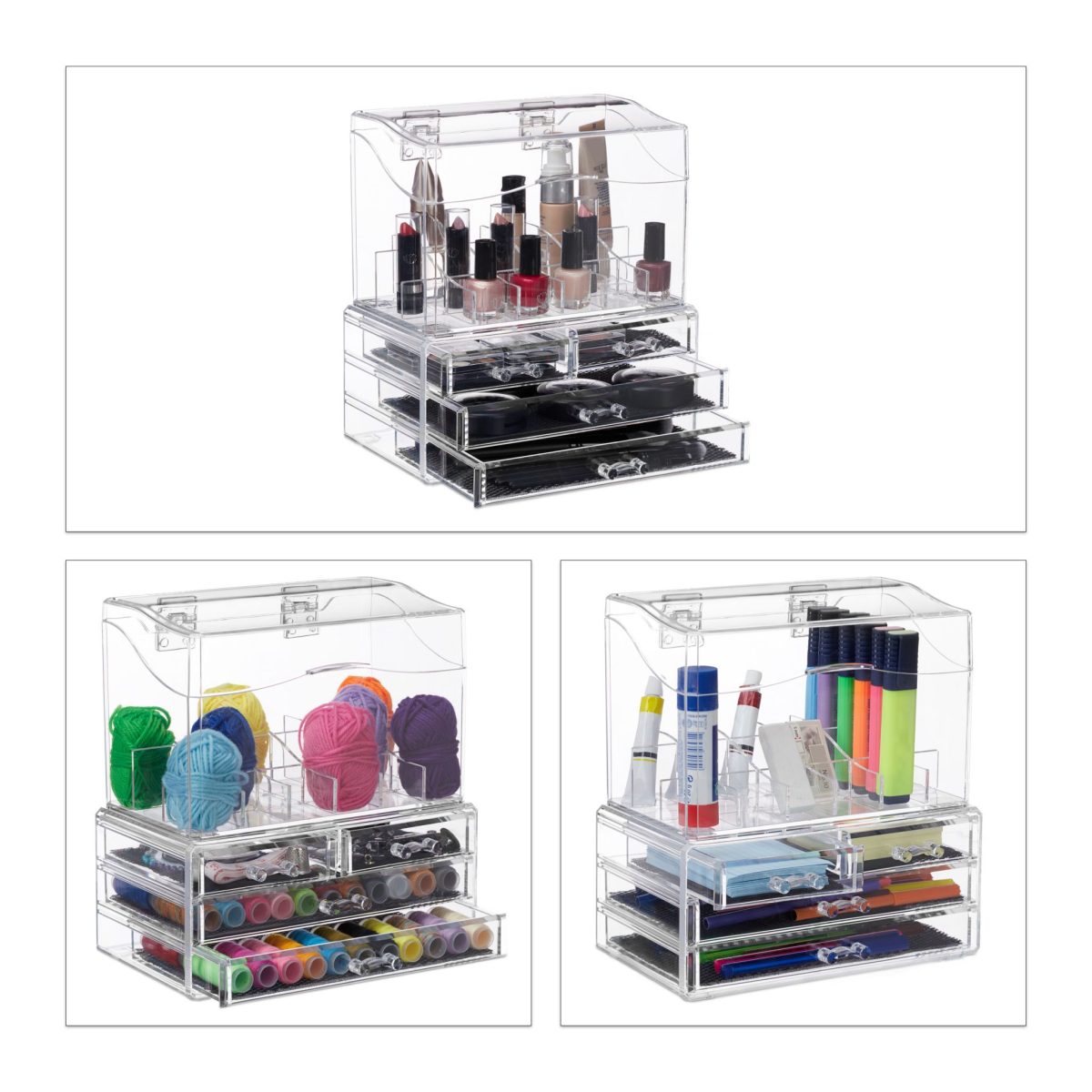 Organzator/cutie depozitare pentru produse cosmetice, cu 4 sertare si capac, 18 compartimente, negru/transparent - imagine 3