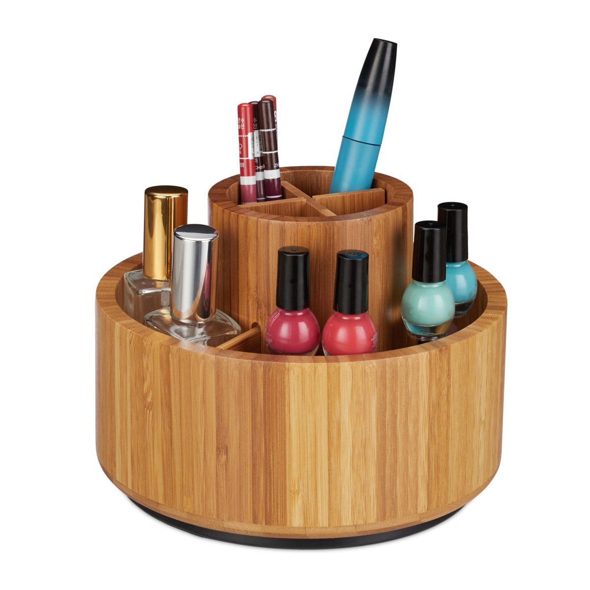 Organizator de produse cosmetice, machiaj rotativ 360 de grade, maro, din bambus - imagine 2