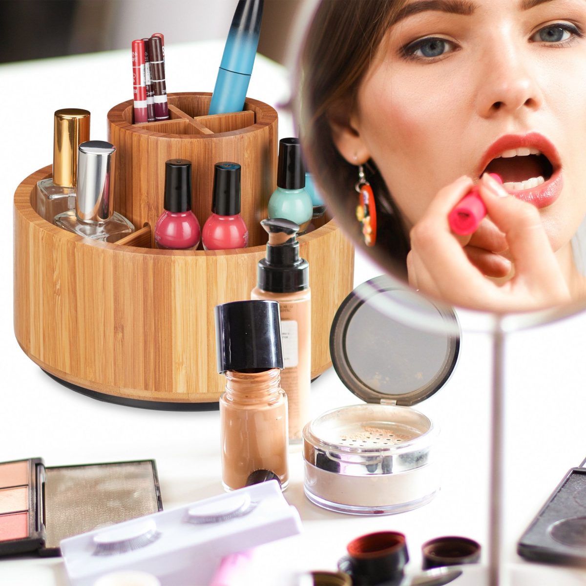 Organizator de produse cosmetice, machiaj rotativ 360 de grade, maro, din bambus - imagine 8