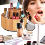 Organizator de produse cosmetice, machiaj rotativ 360 de grade, maro, din bambus - imagine 8