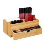 Organizator cosmetice/bijuterii, cu 4 compartimente si sertar, din bambus, maro, 11 x 27 x 15 cm