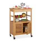 Carucior servire Relaxdays, cu dulap si 2 rafturi, din bambus, 82 x 59.5 x 35 cm