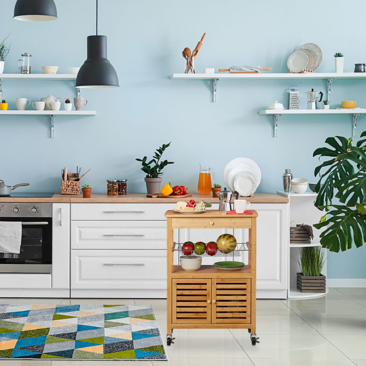 Carucior servire Relaxdays, cu dulap si 2 rafturi, din bambus, 82 x 59.5 x 35 cm - imagine 2
