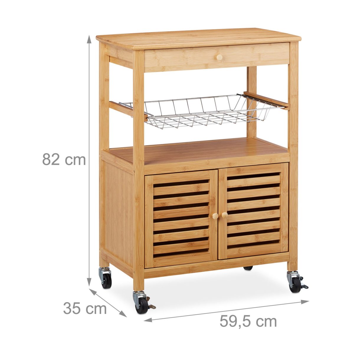 Carucior servire Relaxdays, cu dulap si 2 rafturi, din bambus, 82 x 59.5 x 35 cm - imagine 4