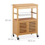 Carucior servire Relaxdays, cu dulap si 2 rafturi, din bambus, 82 x 59.5 x 35 cm - imagine 4