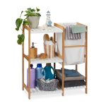 Raft organizare si cos rufe 34 l, Relaxdays, 5 compartimente, bambus si MDF, alb /natur 36 x 32.5 cm