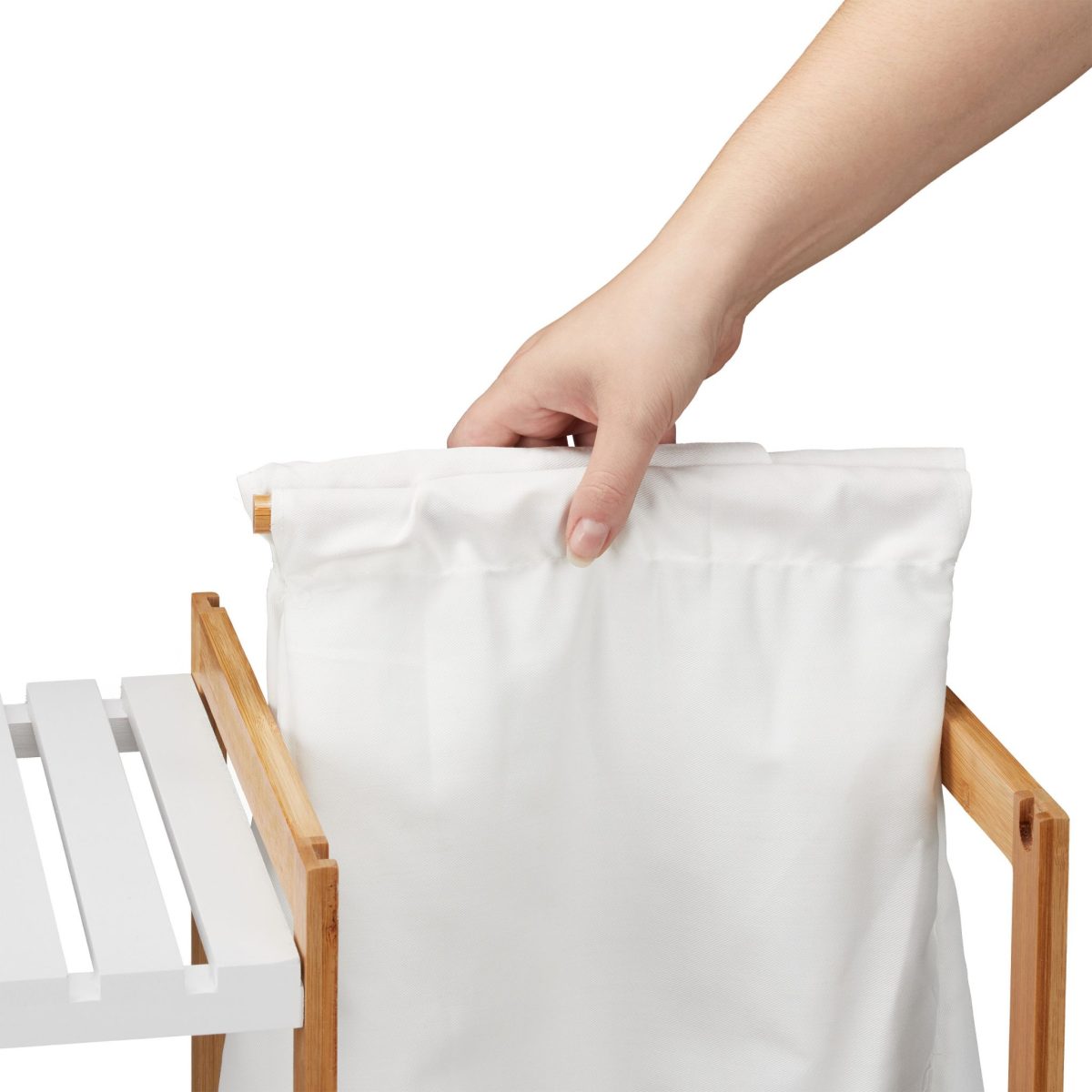Raft organizare si cos rufe 34 l, Relaxdays, 5 compartimente, bambus si MDF, alb /natur 36 x 32.5 cm - imagine 6