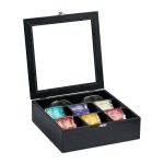 Cutie depozitare ceai din lemn, Relaxdays, negru, 7 compartimente, 6 x 25 x 25.5 cm