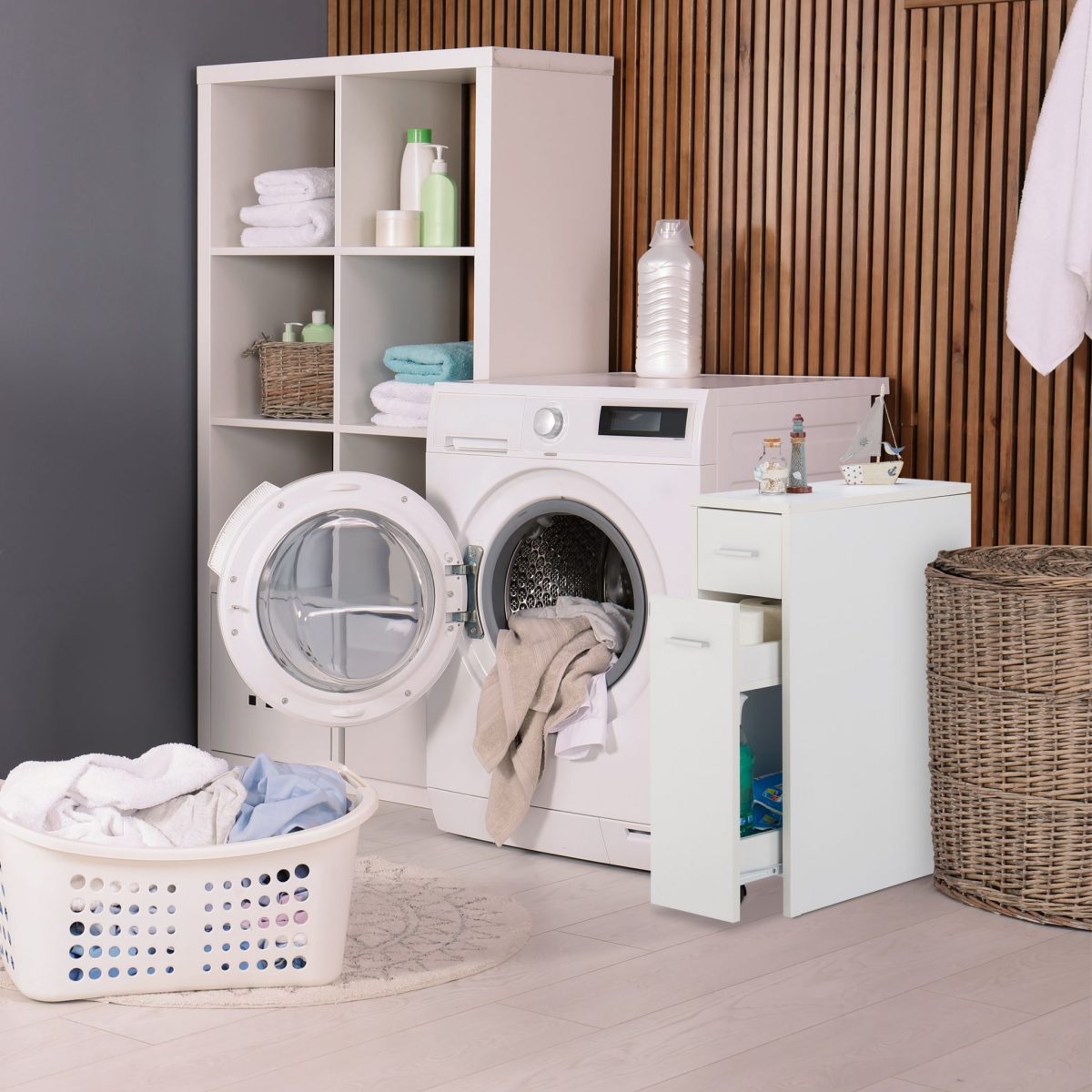 Dulap ingust pentru baie sau bucatarie, Relaxdays, alb, din PAL, cu 2 sertare pe sina, 61.5 x 20 x 45 cm - imagine 2