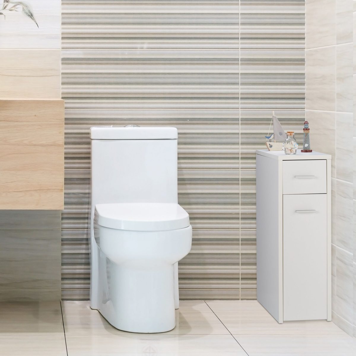 Dulap ingust pentru baie sau bucatarie, Relaxdays, alb, din PAL, cu 2 sertare pe sina, 61.5 x 20 x 45 cm - imagine 7