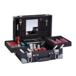 Geanta cosmetice profesionala, cu oglinda 12,5 x 10 cm, 3 compartimente mari, 7 suporturi pentru pensule, maner transport, negru/gri