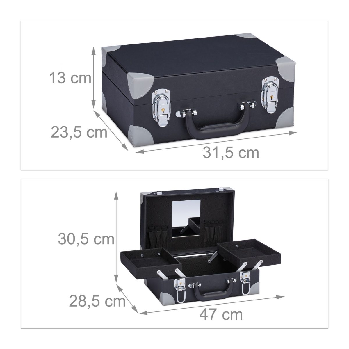 Geanta cosmetice profesionala, cu oglinda 12,5 x 10 cm, 3 compartimente mari, 7 suporturi pentru pensule, maner transport, negru/gri - imagine 6