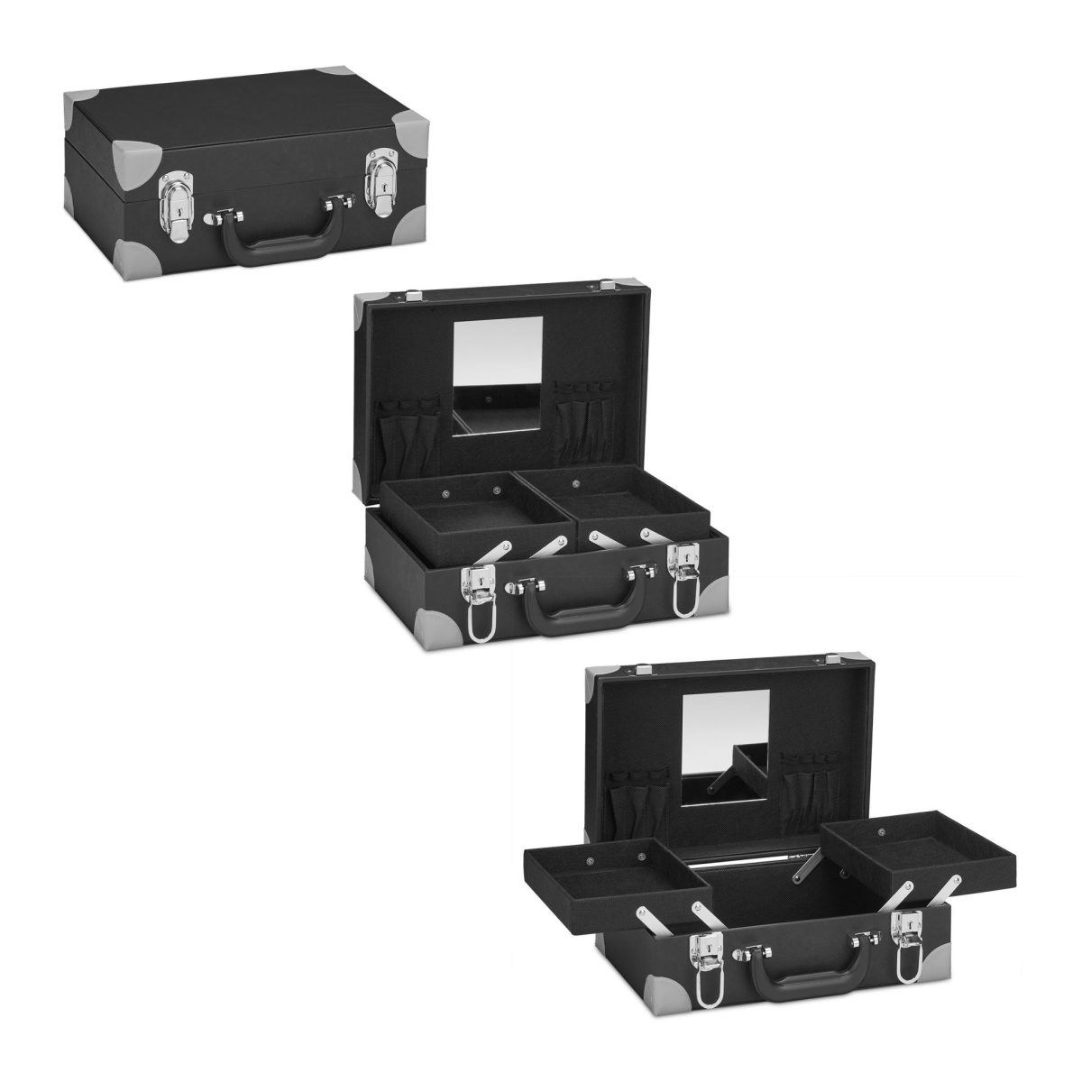 Geanta cosmetice profesionala, cu oglinda 12,5 x 10 cm, 3 compartimente mari, 7 suporturi pentru pensule, maner transport, negru/gri - imagine 4