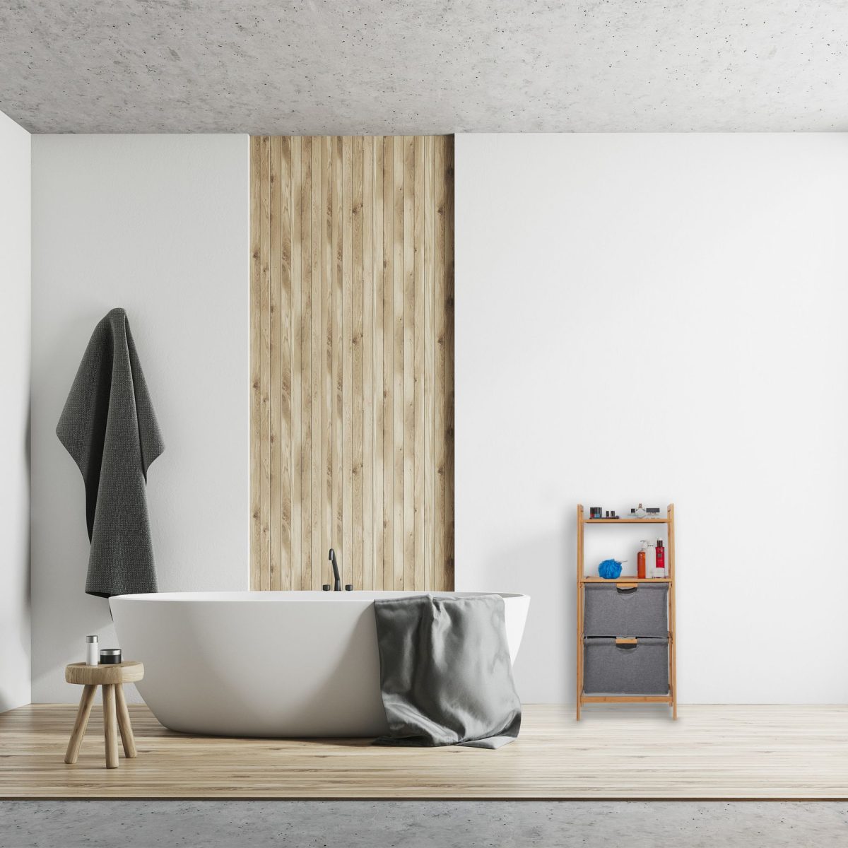 Raft organizare cu 2 sertare, Relaxdays, 4 compartimente, bambus si MDF, gri/natur 96 x 44 x 34 cm - imagine 2
