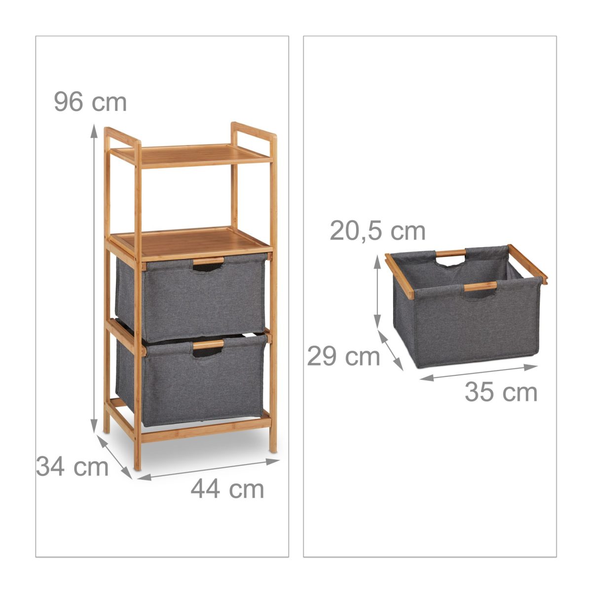 Raft organizare cu 2 sertare, Relaxdays, 4 compartimente, bambus si MDF, gri/natur 96 x 44 x 34 cm - imagine 4