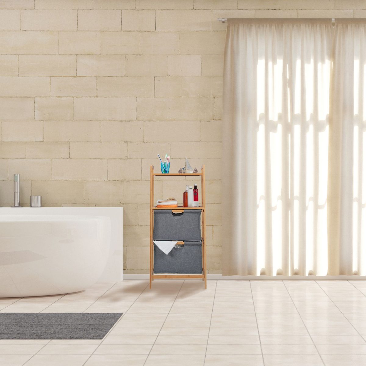 Raft organizare cu 2 sertare, Relaxdays, 4 compartimente, bambus si MDF, gri/natur 96 x 44 x 34 cm - imagine 5