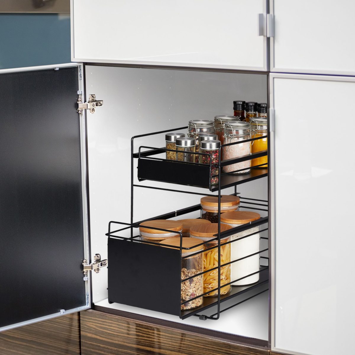 Raft organizare, 2 compartimente, suport depozitare bucatarie/baie, 39,5 x 25 x 40,5 cm, negru - imagine 3