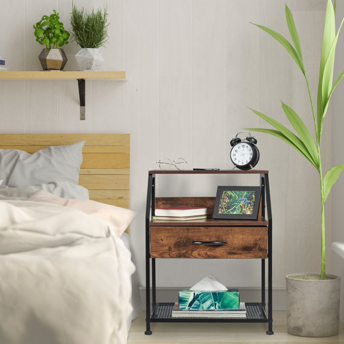 Noptiera industriala cu 3 rafturi si sertar, Relaxdays, maro, 61 x 47 x 39 cm - imagine 2