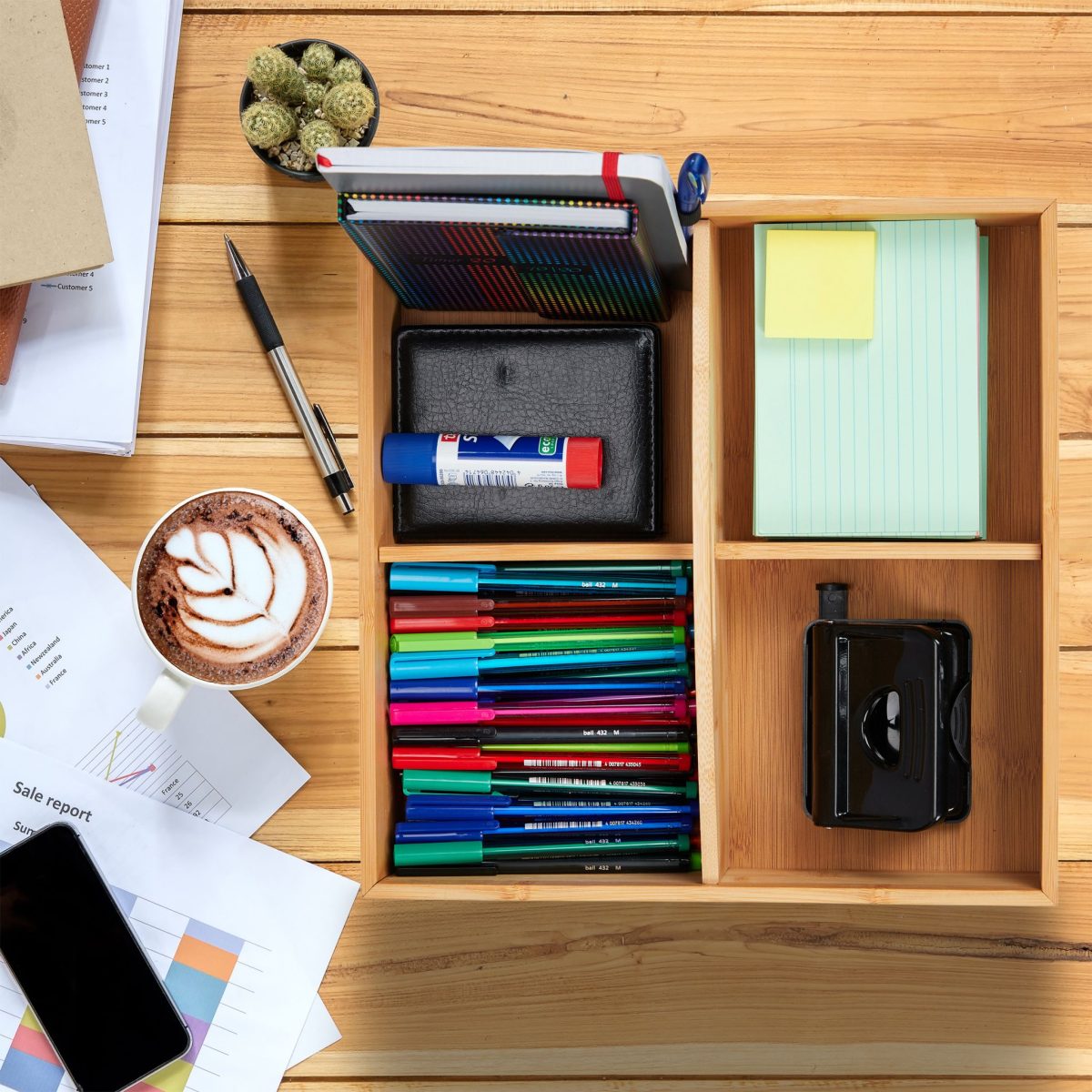 Organizator birou/bucatarie, cu 4 compartimente si maner, din bambus, 10 x 33 x 33 cm - imagine 2