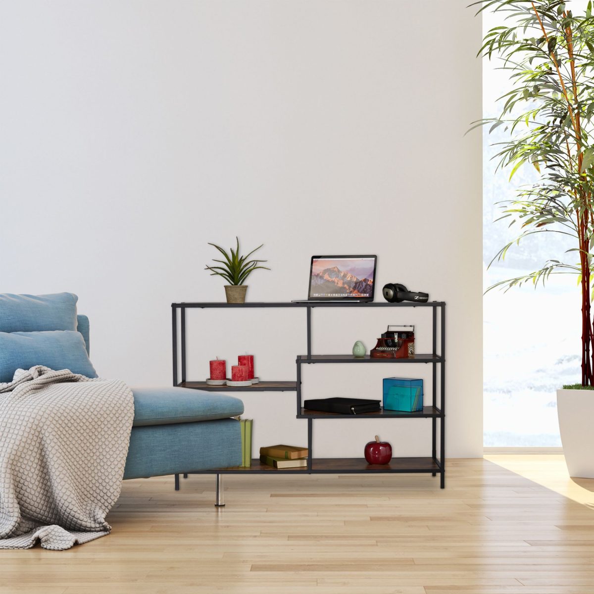 Raft cu 6 polite, stil industrial, 79 x 115 x 33 cm, MDF, maro - imagine 5