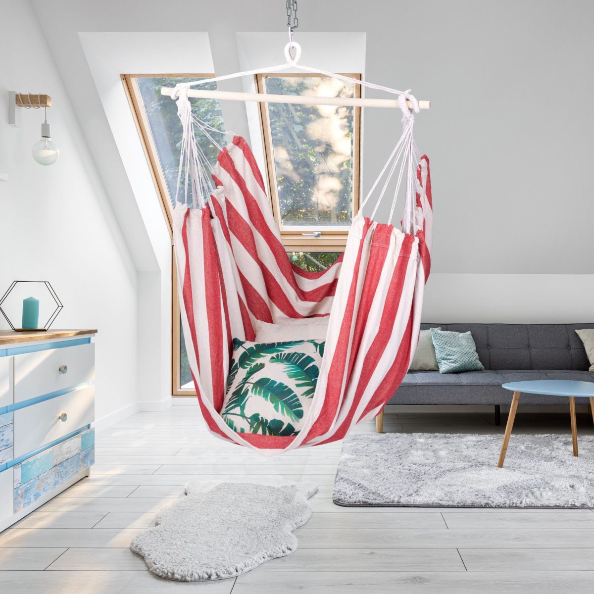 Hamac suspendat din bumbac, sarcina maxima 150 kg, interior/exterior, 150 x 100 x 40 cm, alb/rosu - imagine 2
