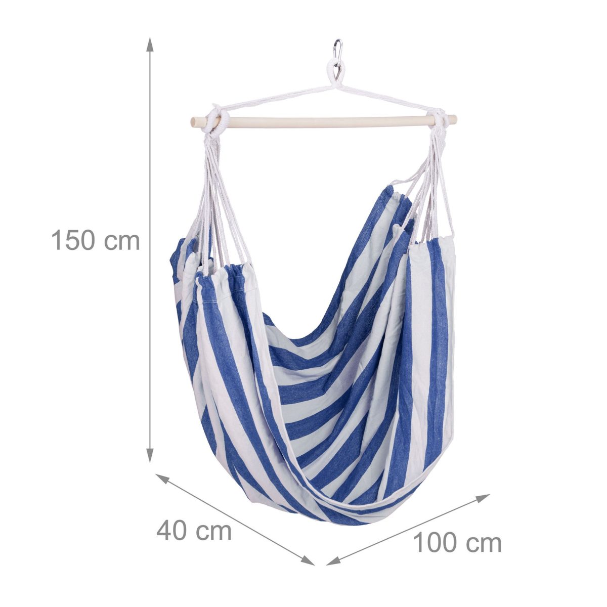 Hamac suspendat din bumbac, sarcina maxima 150 kg, interior/exterior, 150 x 100 x 40 cm, alb/albastru - imagine 4
