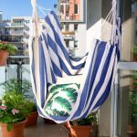 Hamac suspendat din bumbac, sarcina maxima 150 kg, interior/exterior, 150 x 100 x 40 cm, alb/albastru - imagine 5