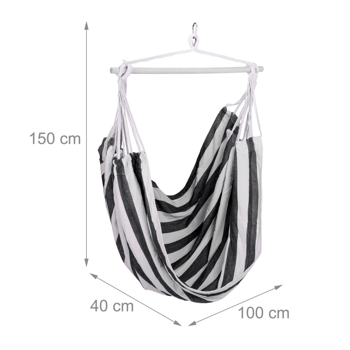 Hamac suspendat din bumbac, sarcina maxima 150 kg, interior/exterior, 150 x 100 x 40 cm, alb/negru - imagine 4