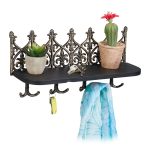 Suport chei cu 8 agatatori si 1 raft, Relaxdays, fonta si lemn, dimensiuni 19,5 x 39,5 x 12 cm, negru/auriu