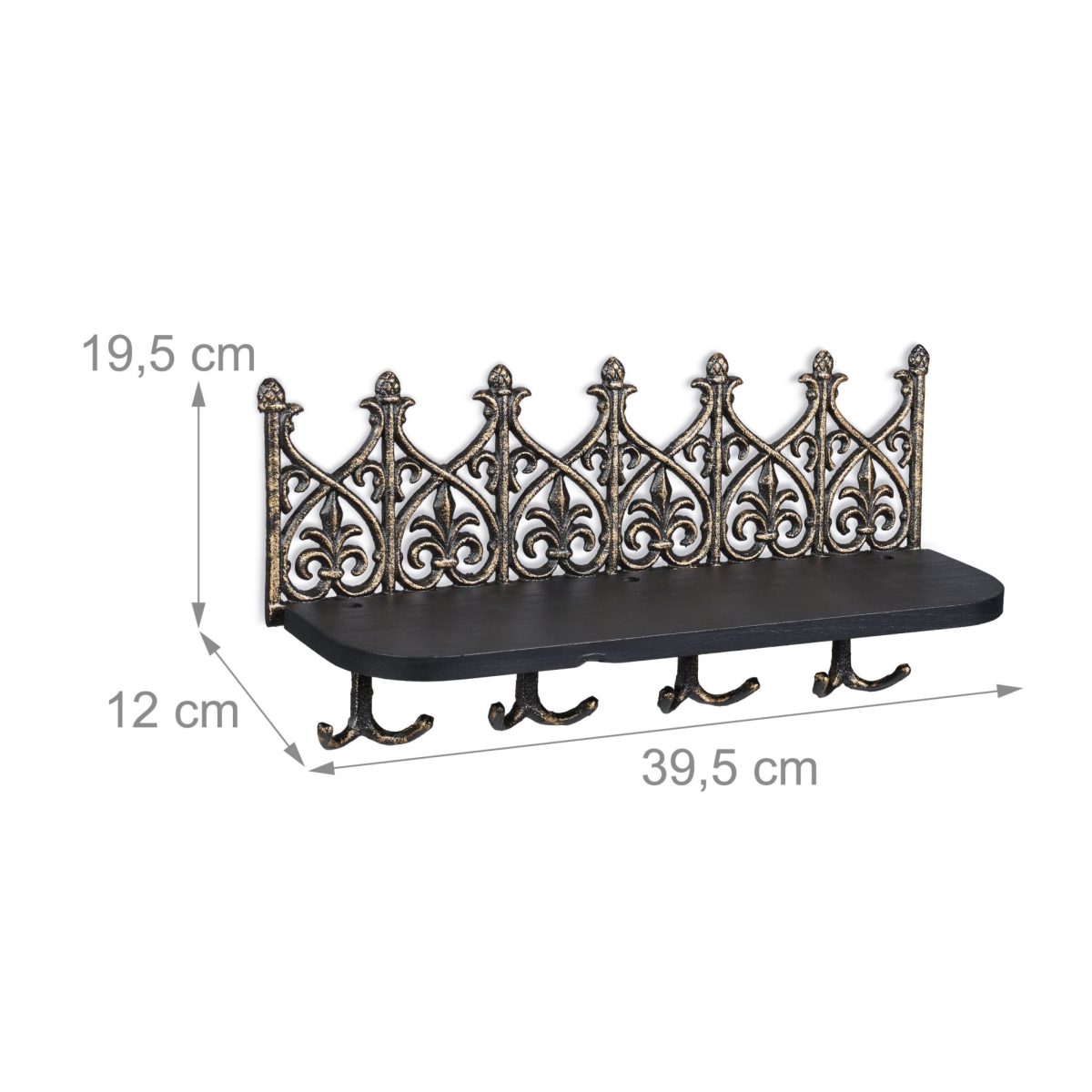 Suport chei cu 8 agatatori si 1 raft, Relaxdays, fonta si lemn, dimensiuni 19,5 x 39,5 x 12 cm, negru/auriu - imagine 2