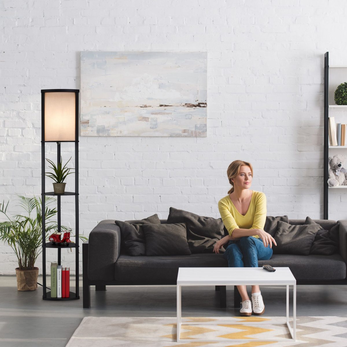 Lampa de podea, cu 3 rafturi pentru depozitare, E27, 60W, poliester, negru/ gri - imagine 2