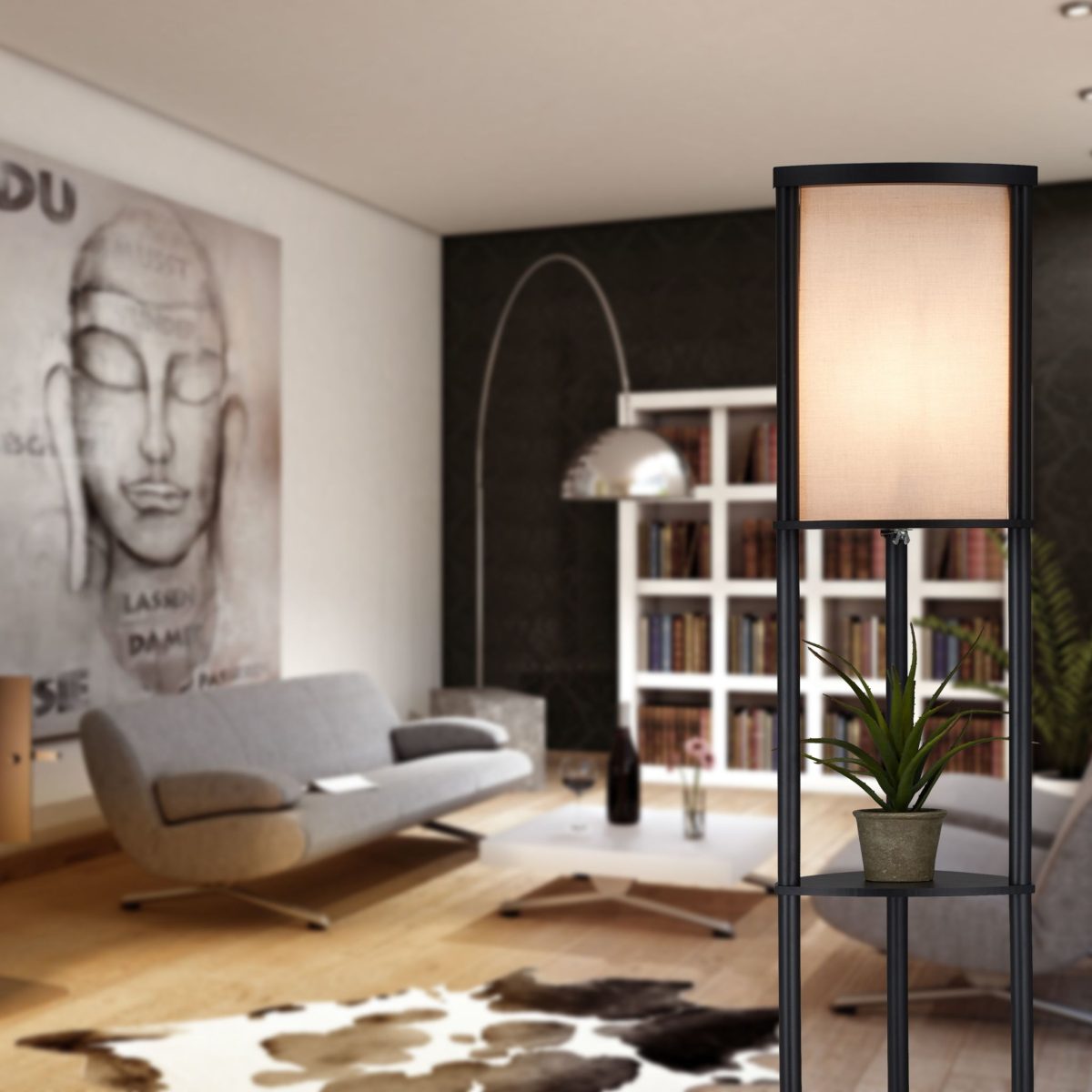 Lampa de podea, cu 3 rafturi pentru depozitare, E27, 60W, poliester, negru/ gri - imagine 3