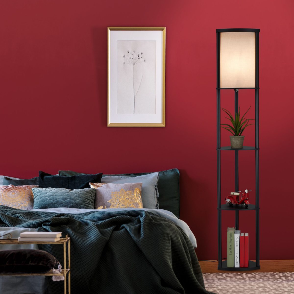 Lampa de podea, cu 3 rafturi pentru depozitare, E27, 60W, poliester, negru/ gri - imagine 5