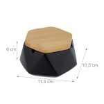 Scrumiera hexagonala cu capac, ceramica/ bambus, cu 3 suporturi tigari, negru/maro, 6 x 11,5 x 10,5 cm - imagine 4