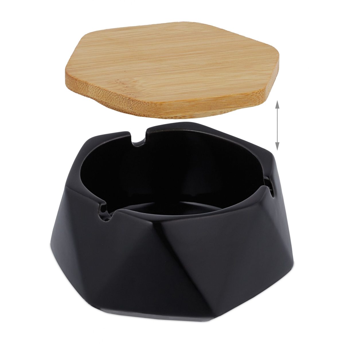 Scrumiera hexagonala cu capac, ceramica/ bambus, cu 3 suporturi tigari, negru/maro, 6 x 11,5 x 10,5 cm - imagine 6