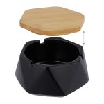 Scrumiera hexagonala cu capac, ceramica/ bambus, cu 3 suporturi tigari, negru/maro, 6 x 11,5 x 10,5 cm - imagine 6