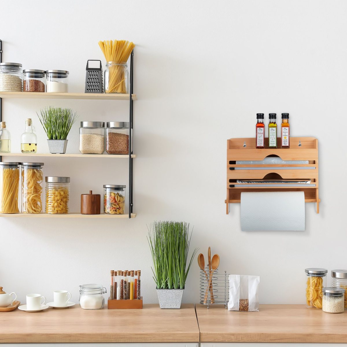 Suport rola de hartie, folie de aluminiu si folie alimentara, taietor integrat,din bambus - imagine 3