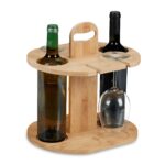 Suport pentru 2 sticle de vin si 4 pahare, cu maner transport, maro, 30,5 x 30 x 25 cm