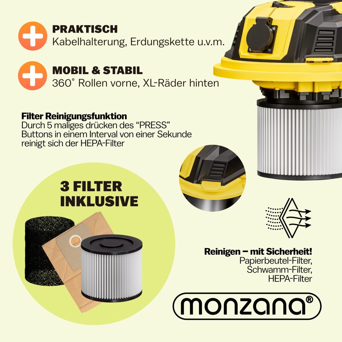 Aspirator Monzana® aspirare umeda-uscata, 2200W, putere aspirare 18 kPa, functie suflare, recipient 30L, filtru HEPA - imagine 5