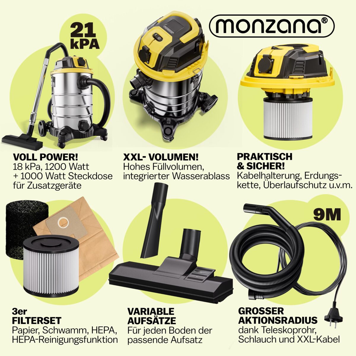 Aspirator Monzana® aspirare umeda-uscata, 2200W, putere aspirare 18 kPa, functie suflare, recipient 30L, filtru HEPA - imagine 6