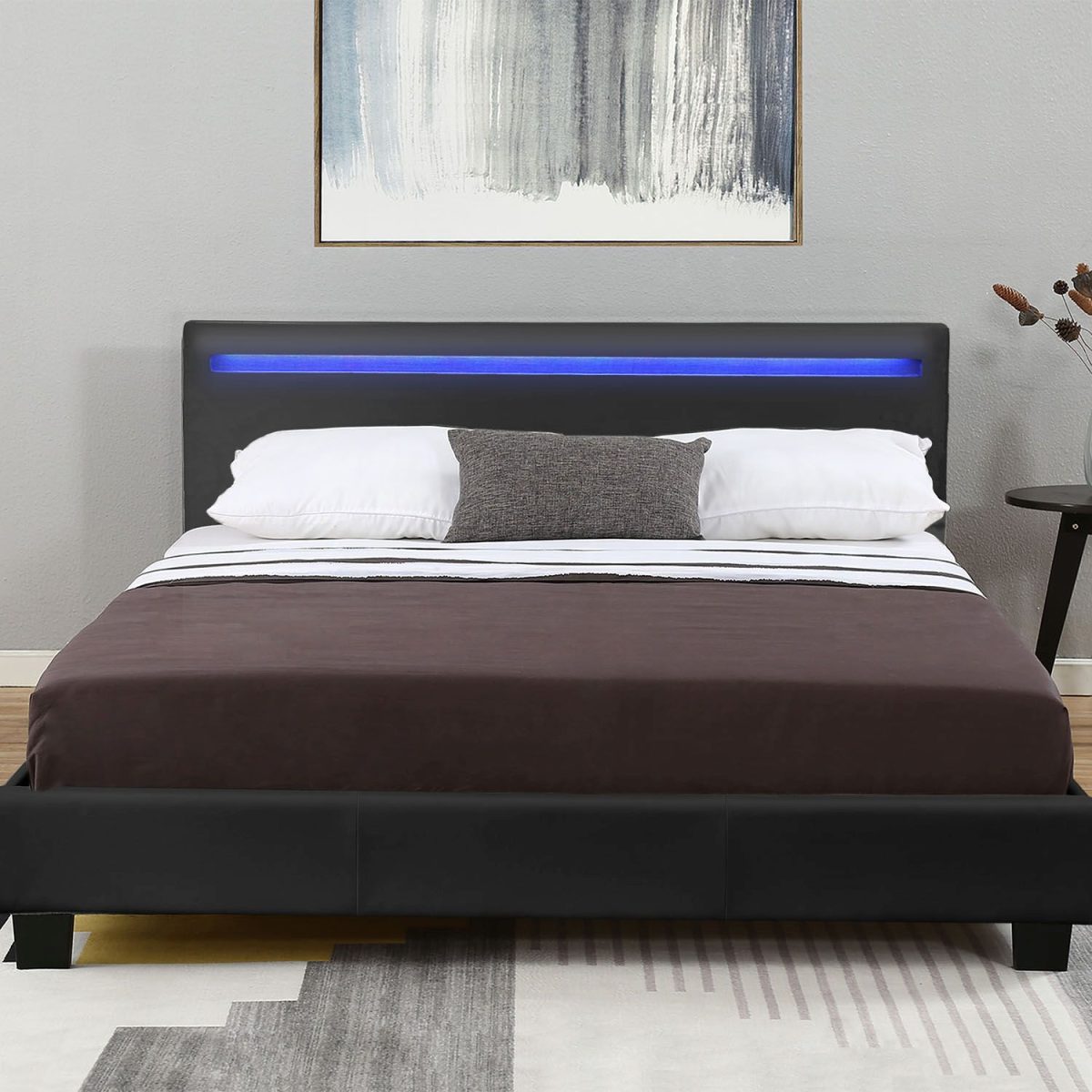 Pat tapitat cu piele ecologica Verona, iluminare LED 16 culori, telecomanda, 120 x 200 cm, negru - imagine 6